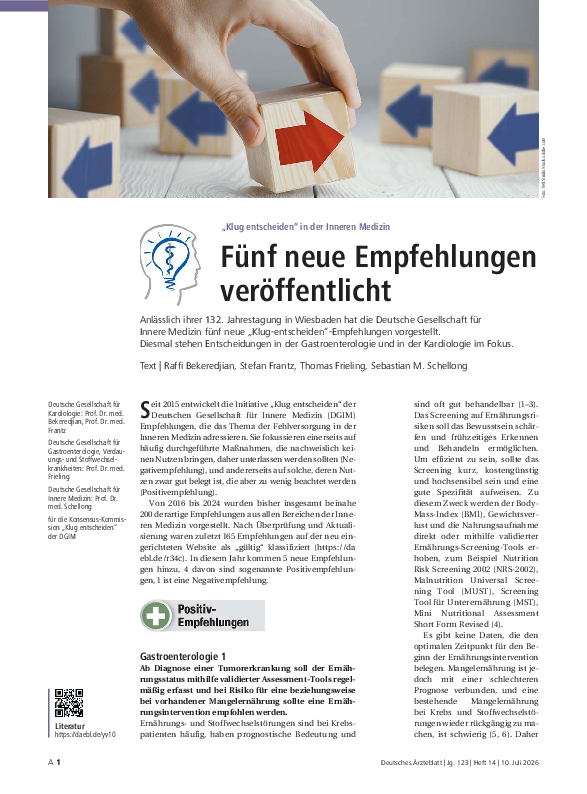 Artikel "Fünf neue Empfehlungen" im Deutschen Ärzteblatt Juni 2026